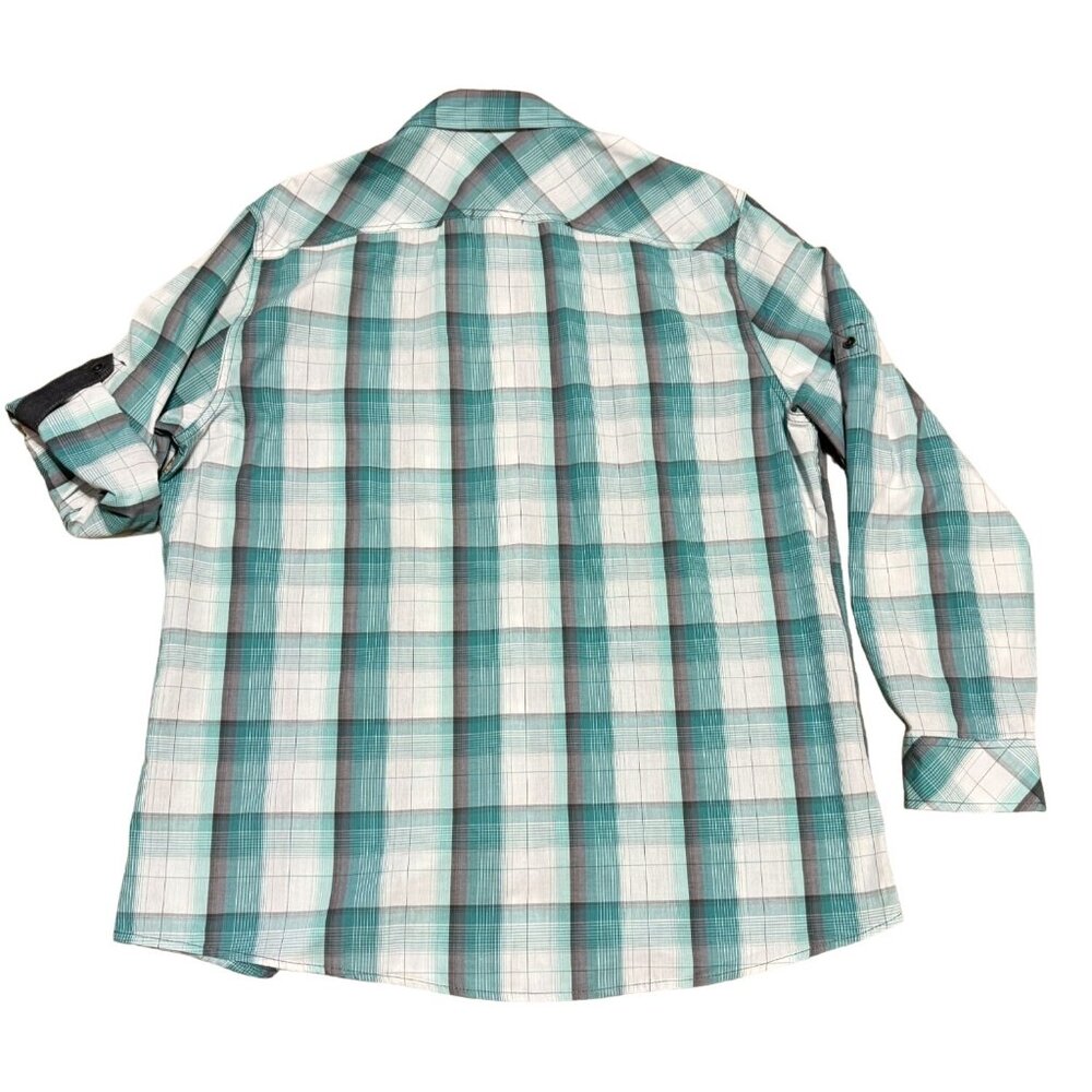 Rock & Republic Plaid Shirt Sz XL Long Sleeve Green White Roll Tab Sleeves Mens - Picture 5 of 5
